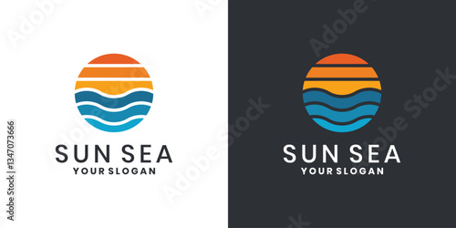 Sea wave and sunset logo design with circle shape