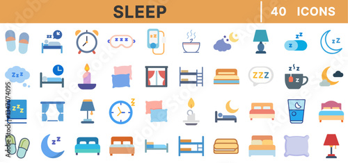 Sleep Color Icons Set – Bedtime, Relaxation, Pillow, Mattress, Sleeping Mask, Night, Dreams, Rest, Nap, Alarm Clock, Moon, Comfort, Minimalist, Vector Illustration