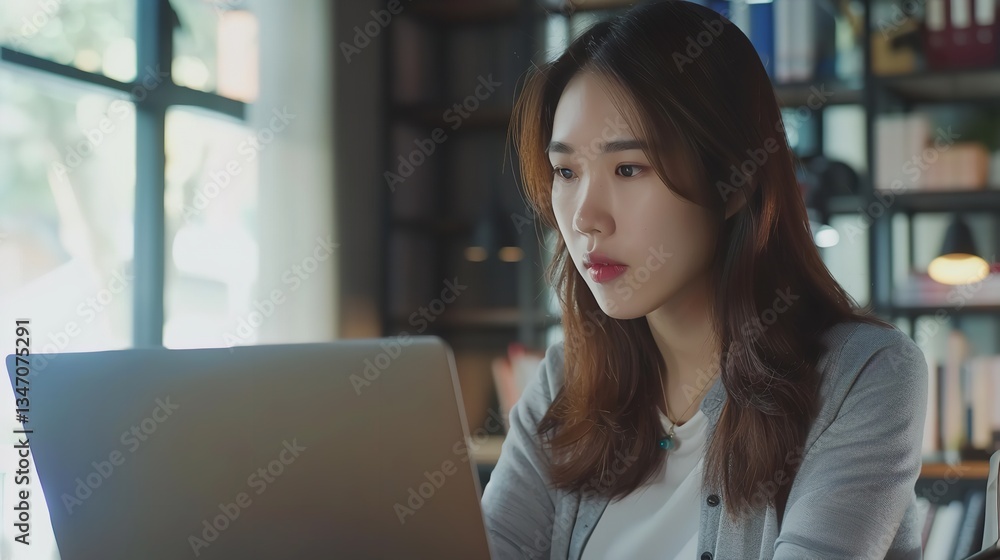 Asian businesswoman at a formal office copy area using a laptop, Generative AI. Asian businesswoman at a formal office copy area using a laptop, Generative AI.