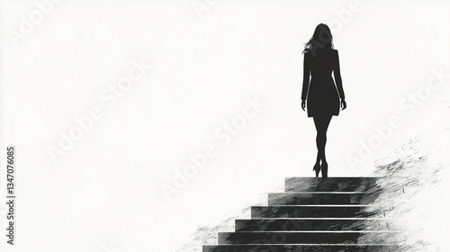 Woman climbs up the high career stairs. Black sketch silhouette