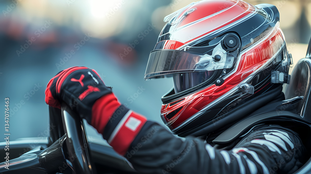 Fototapeta premium Race Car Driver: A race car driver intensely focused, gripping the steering wheel. The image highlights the speed and adrenaline of the race.