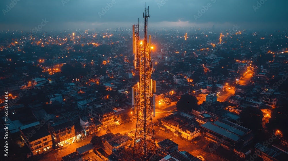 Obraz premium Cityscape at Dusk with Illuminated Telecom Tower and Urban Landscape Filled with Lights and Busy Streets, Creating a Vibrant Night Atmosphere in an Urban Setting