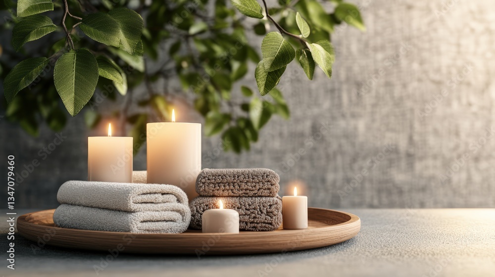 Photorealistic rende of a tranquil spa interior featu wooden tray with stacked towels and lit candles beneath dd shade of leafy branches Photorealistic rende of a tranquil spa interior featu wooden tray with stacked towels and lit candles beneath dd shade of leafy branches