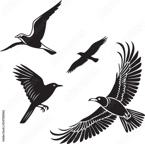 Silhouettes of various birds flying in nature