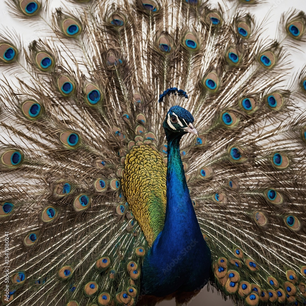 Fototapeta premium A majestic peacock standing tall with its vibrant tail feathers fully fanned out against a white background.