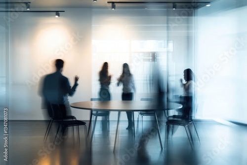 Business professionals engaged in meeting inside a modern office with blurred background and glass walls