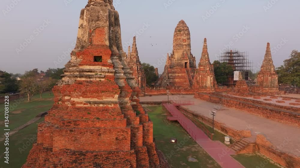 Aerial sight of majestic temple in morning light, Ayutthaya. Aerial drone video