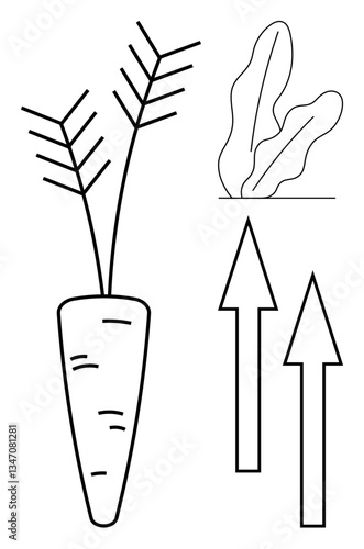 Carrot with leaves, lettuce outline, and upward arrows indicating growth, progress, and agriculture. Ideal for farming, organic produce, sustainability health nutrition gardening progress. Flat