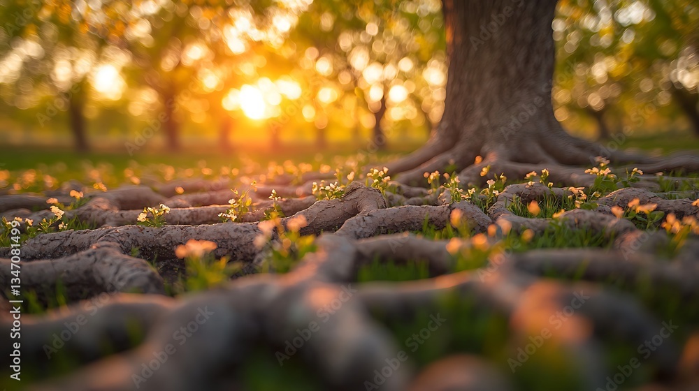 Fototapeta premium Sunset Orchard Tree Roots, Ground Flowers