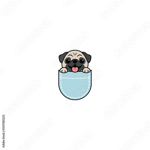 Cute pug dog in pocket cartoon, vector illustration