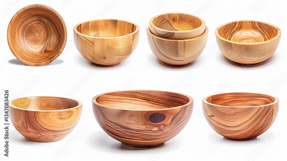 On a white background, empty wooden bowls are isolated. Bowls made of wood set. Accumulation, Generative AI.