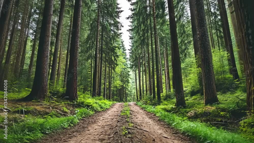 Lush green forest path inviting exploration and adventure under cloudy skies Lush green forest path inviting exploration and adventure under cloudy skies
