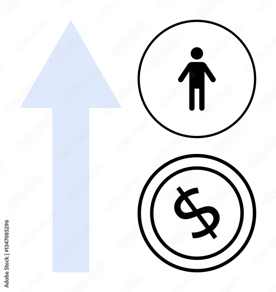 Upward arrow alongside person and dollar icons in black and white. Ideal for progress, finance, success, career, goals, wealth, business. Flat simple metaphor Upward arrow alongside person and dollar icons in black and white. Ideal for progress, finance, success, career, goals, wealth, business. Flat simple metaphor