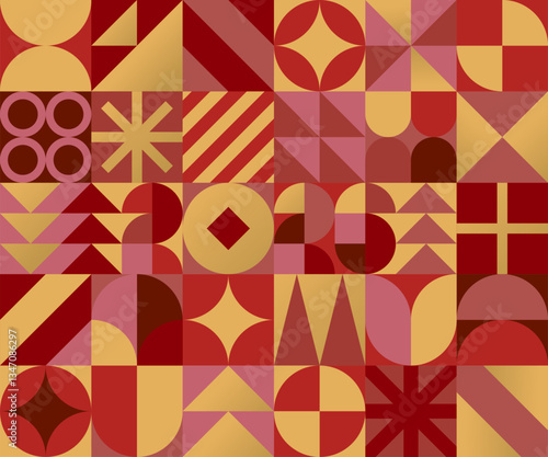 Abstract mosaic background with Chinese new year 2026. Numbers and different form made of geometric shapes in retro style in red, yellow and gold. Seamless Pattern. Vector EPS10