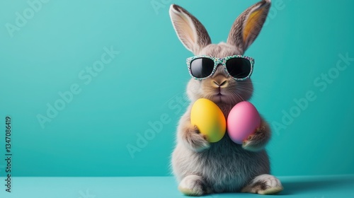 Vibrant Easter Bunny with Sunglasses Holding Colorful Eggs on Teal Background, Playful Spring Celebration Concept for Festive Greetings and Holiday Decor
