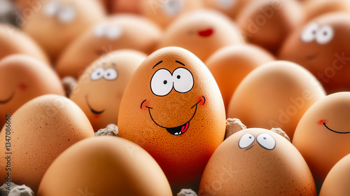 Smiling egg with drawn face, Easter crafting scene, soft warm tones, joyful family vibe. For festive decoration, Easter projects, funny visuals. Copy space