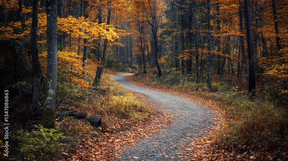 Naklejka premium Winding autumn path through forest; misty background; nature scene; travel, wallpaper