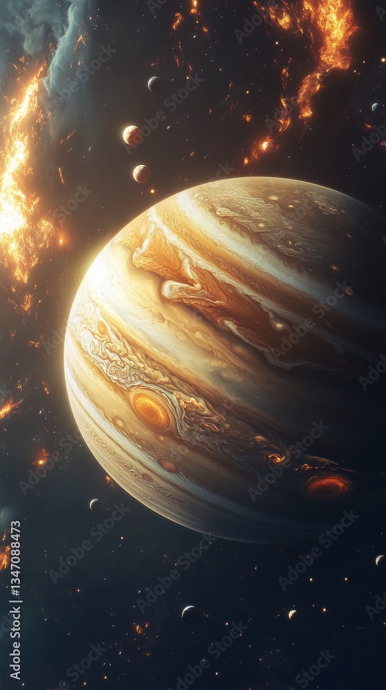 Fototapeta premium A majestic gas giant planet showcasing detailed textures and swirling storms, surrounded by fiery cosmic elements and moons. Ideal for sci-fi, space, and educational use.. AI Generation