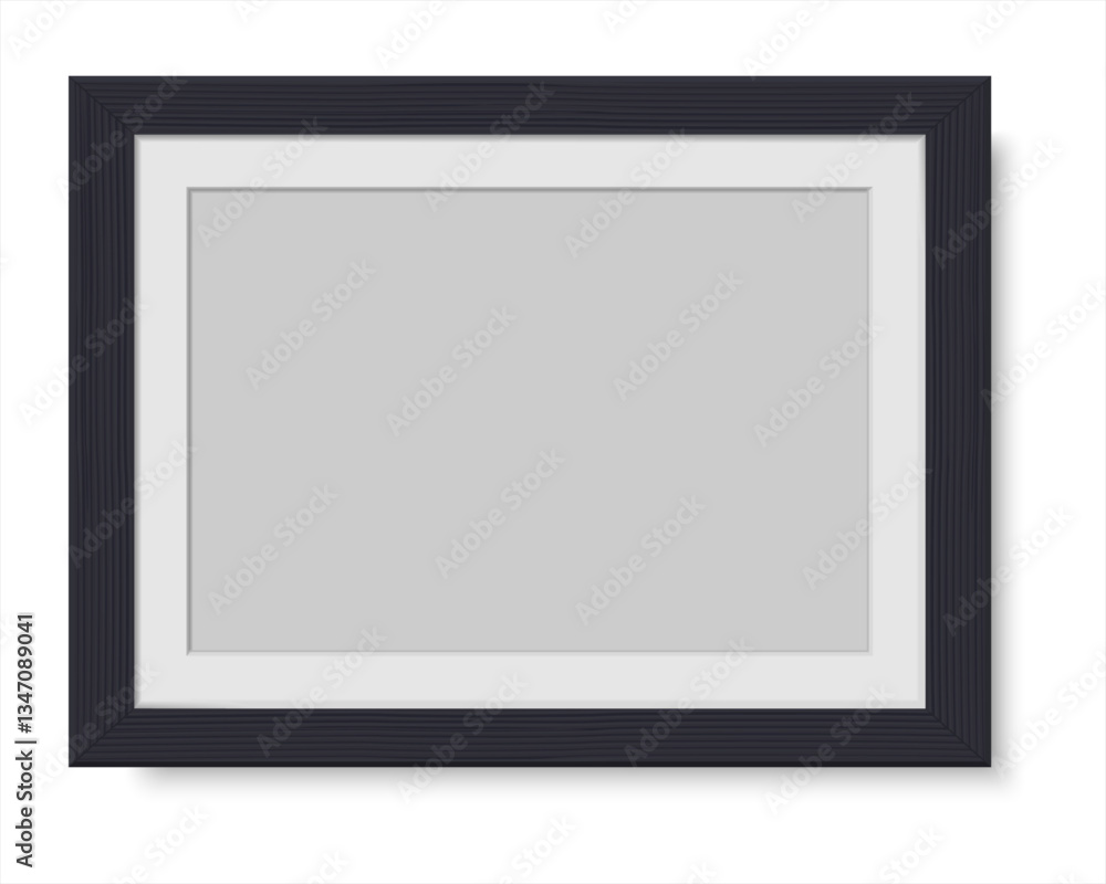 Realistic horizontal blank picture frame with shadow. Wooden black rectangular photo frame with wood texture for art gallery or interior. Vector illustration isolated on white background. Realistic horizontal blank picture frame with shadow. Wooden black rectangular photo frame with wood texture for art gallery or interior. Vector illustration isolated on white background.