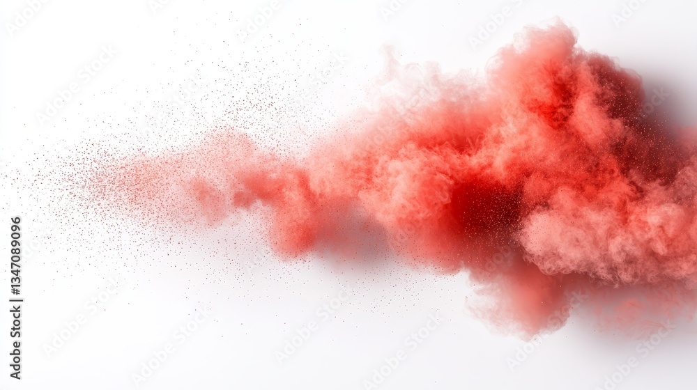 Fototapeta premium Dynamic red powder explosion, abstract cloud formation on white background red