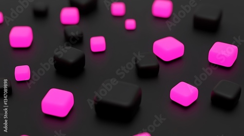 Abstract 3D cubes, glowing pink, dark background. Possible use Graphic design