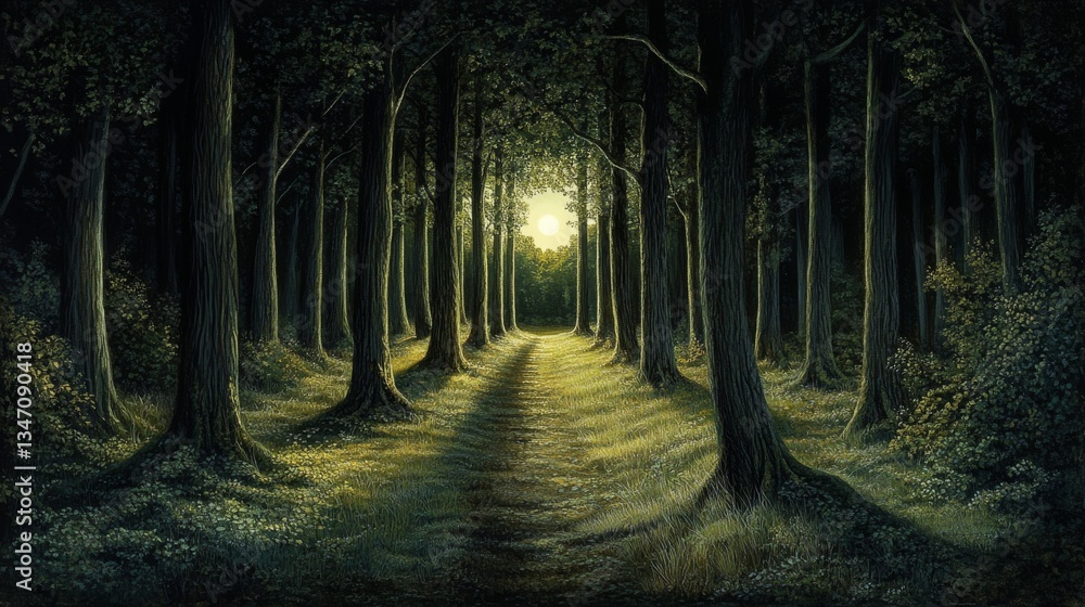 Obraz premium A picturesque forest path bathed in soft sunlight under a dense canopy of tall trees, with lush greenery and a serene ambiance, perfect for nature lovers and tranquil escapes.. AI Generation
