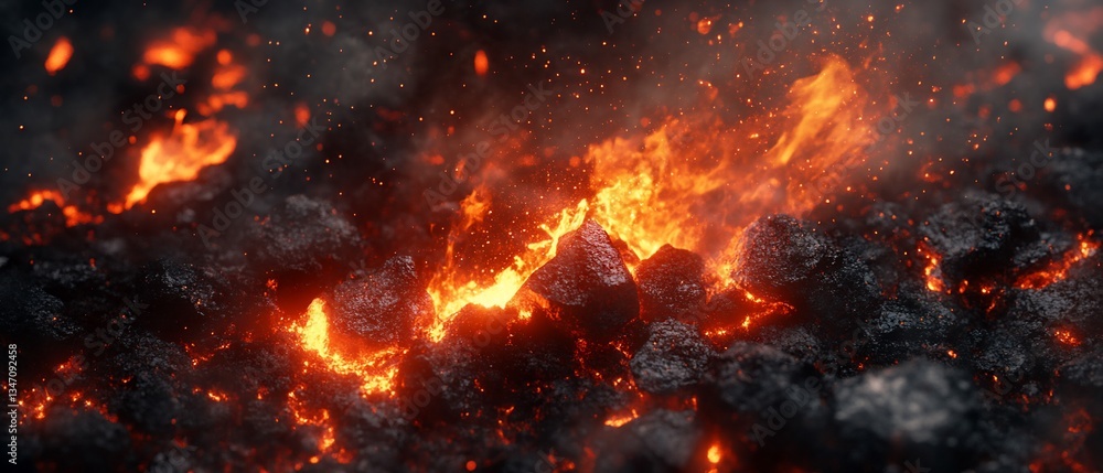 Fiery Embers Burning in Dark Volcanic Rocks Fiery Embers Burning in Dark Volcanic Rocks