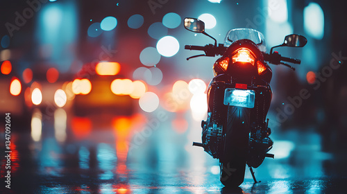 Wallpaper Mural Neon Night Ride: A sleek motorcycle stands still, illuminated by the vibrant neon lights and reflections on a wet road, embodying the allure of urban nightlife.  Torontodigital.ca