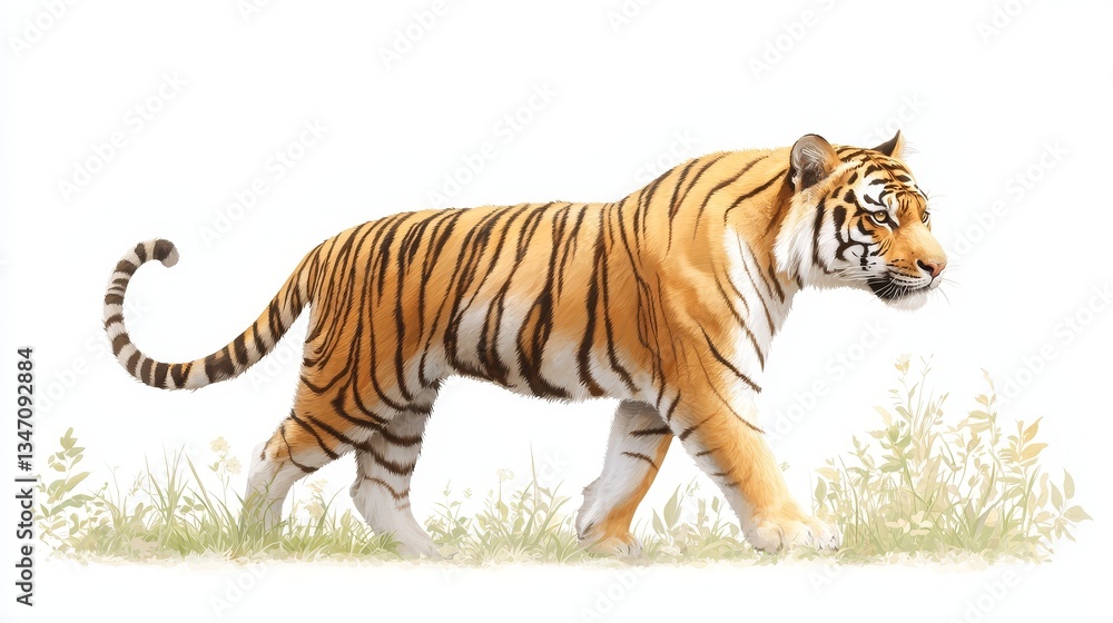 Obraz premium Majestic tiger paces through a verdant field, captivating glimpse of wildlife in nature