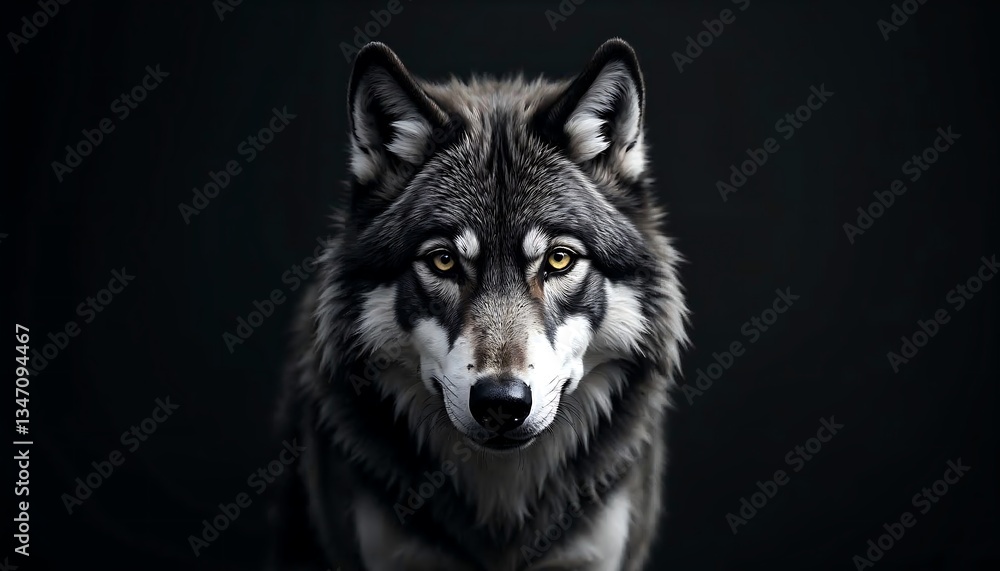 Fototapeta premium Majestic Gray Wolf Portrait Dark Background Wildlife Photography