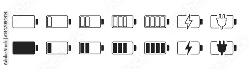 Set of different battery level. Battery indicator symbols. Vector icon of a fully charged battery. Vector illustration.