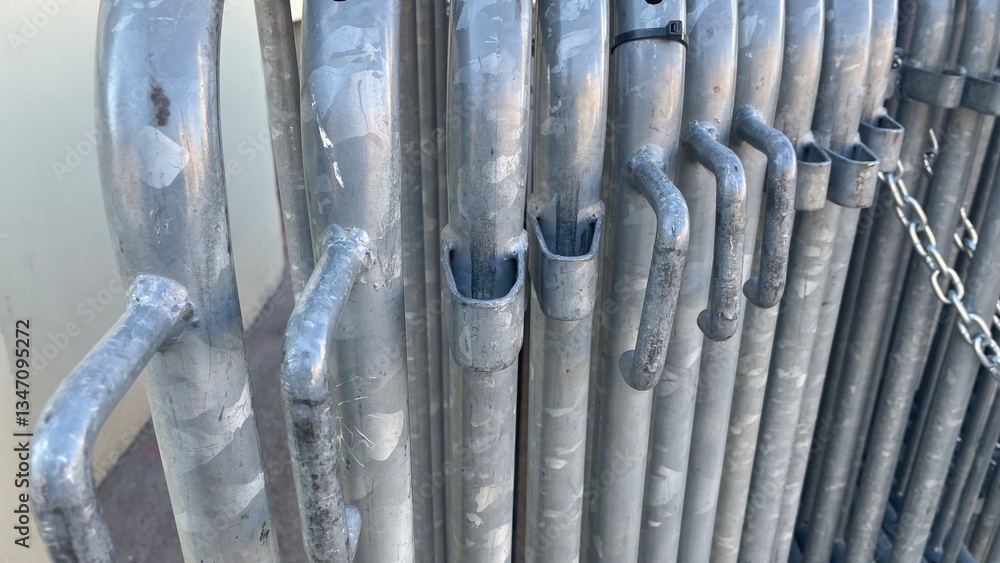 Fototapeta premium Metal barricades lined up against a wall in the bright sunlight on a warm afternoon in an urban setting