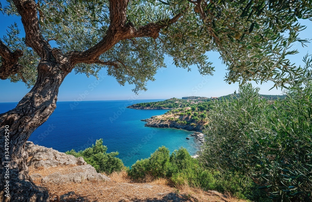 Scenic View of Serene Mediterranean Coastline Surrounded by Olives Trees and Vibrant Blue Waters Ideal for Travel and Nature Photography Scenic View of Serene Mediterranean Coastline Surrounded by Olives Trees and Vibrant Blue Waters Ideal for Travel and Nature Photography