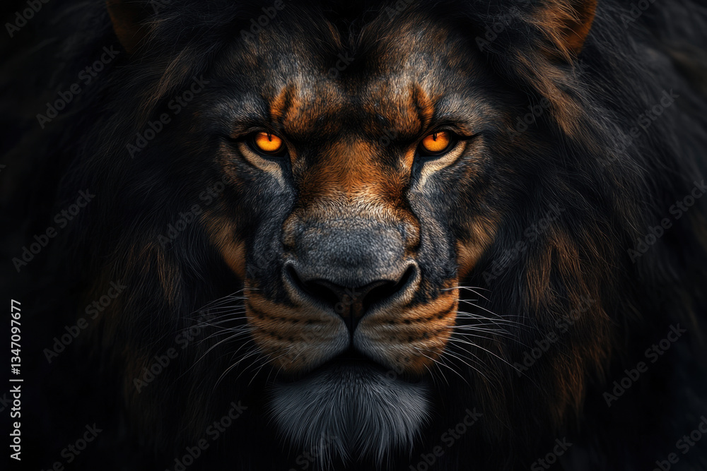Fototapeta premium Close-up of a lion's majestic face, intense gaze, and golden mane against a blurred savanna background.