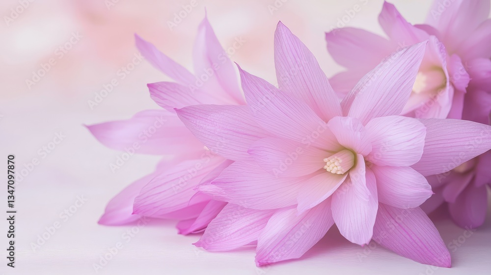 Fototapeta premium Elegant pink flowers on a white surface, delicate floral arrangement pink