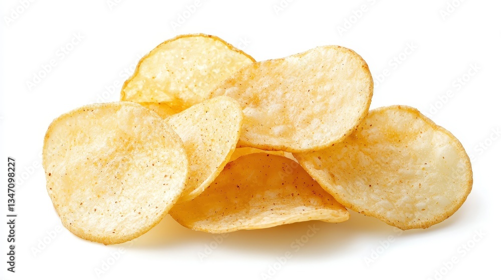 Crispy golden potato chips on a pristine white background, delicious snack food photography Crispy golden potato chips on a pristine white background, delicious snack food photography