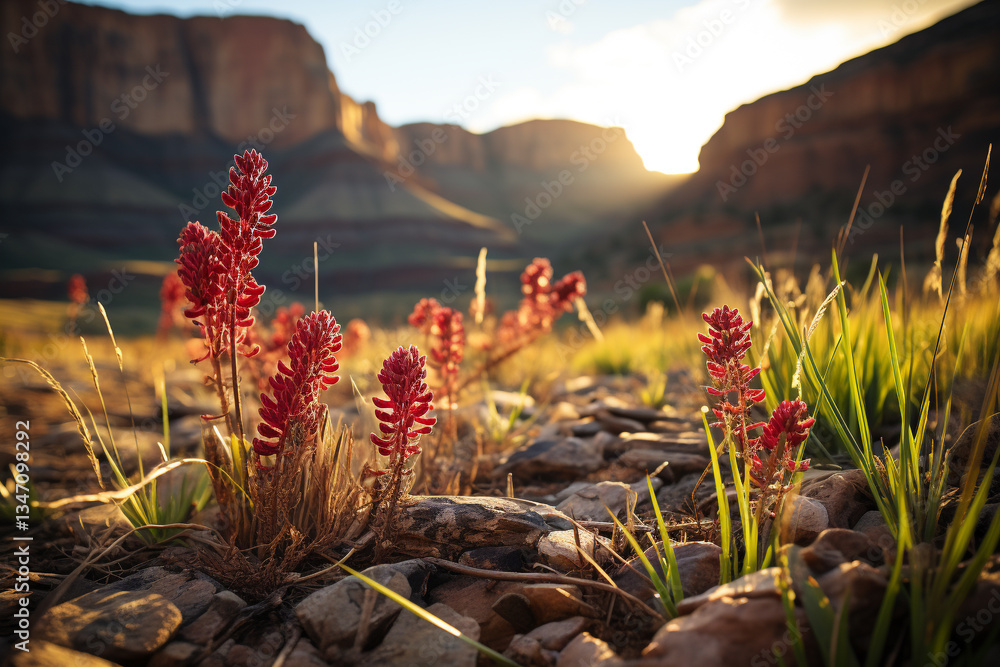 Fototapeta premium harmonious interplay of fragile blades of grass and formidable cliffs creates a breathtaking spectacle, showcasing resolute resilience of life amidst harsh and unforgiving landscapes