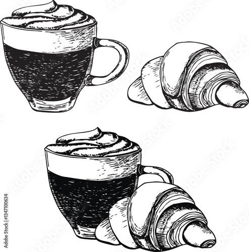 Hand drawn vector with a set of cappuccino with foam and caramel topping in a glass mug and a croissant. Can be used on fabrics and paper products and other. Make any compositions yourself.