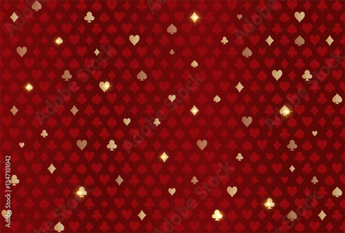 Red casino vector background with shimmering golden card signs. Playing card symbols.