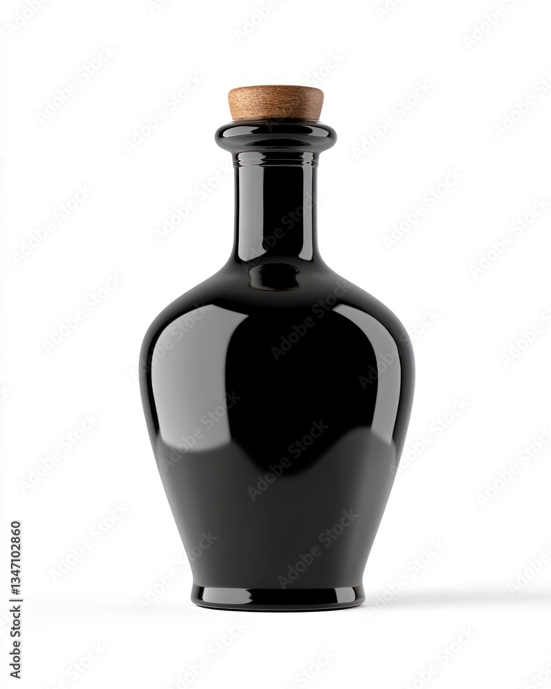 Elegant Black Glass Bottle with Cork Stopper on White Background Elegant Black Glass Bottle with Cork Stopper on White Background