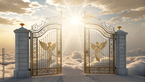A pair of towering pearly gates, intricately designed with gold and silver filigree, stands open in the heavens. Soft angelic figures with glowing halos gently guard the entrance, their wings softly 