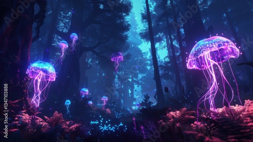 Wallpaper Mural The forests glow softly, with neon-colored plants and magical animals like glowing jellyfish floating in the sky. desktop neon wallpaper theme Torontodigital.ca