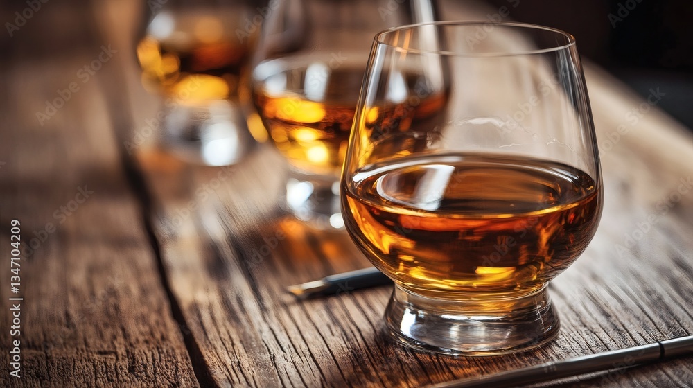 Three glasses of whiskey are on a wooden table Three glasses of whiskey are on a wooden table