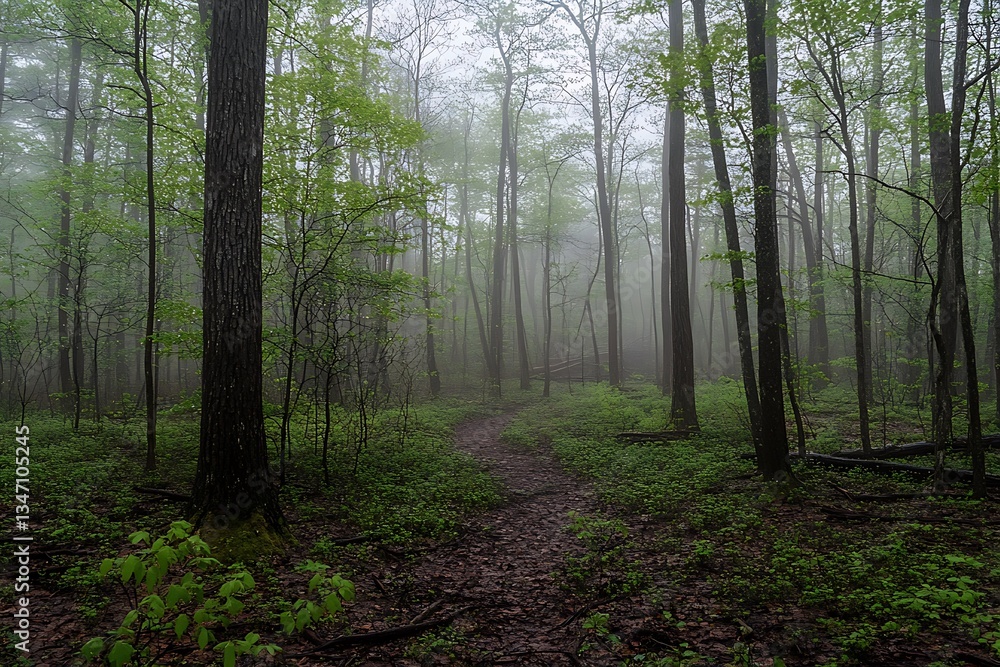 Obraz premium Foggy woods at spring dawn reveal magical charm of speckled rays dew-laden vistas and revitalizing vibe of seasonal shift 
