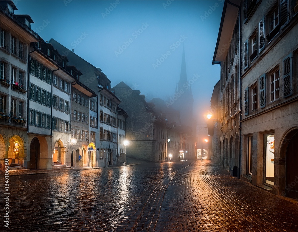 Fototapeta premium AI generated image of Bern at night with fog