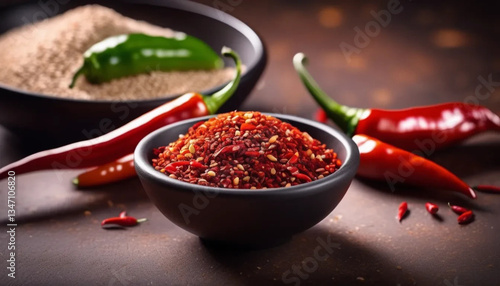 Raw and dry chilli pepper on the wooden table. Close up. 