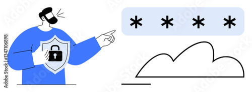 Man with shield lock symbol points at password asterisks above cloud. Ideal for cybersecurity, online safety, encryption, data protection, privacy, cloud technology, access control. Flat simple