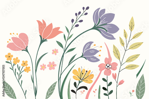 Vintage floral pattern with spring blossoms and birds