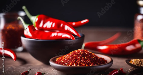 Raw and dry chilli pepper on the wooden table. Close up. 