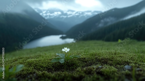Misty mountain flower atop a moss-covered hillside